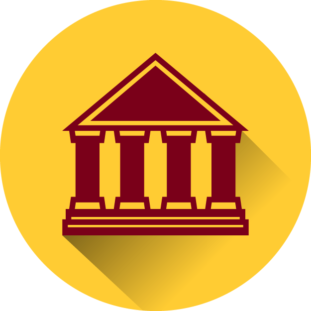 Icon of a columned building against a gold background
